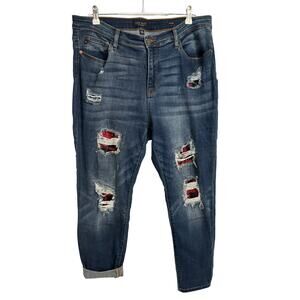 Judy Blue Women's 1XL Skinny Fit Ripped Red Plaid Patches Grunge 90's Y2K Jeans‎